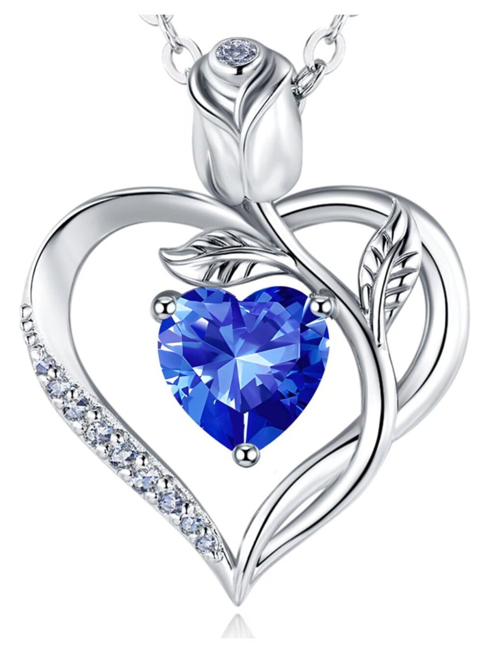 18K White Gold Over S925 Silver Heart Birthstone Pendant Necklace
